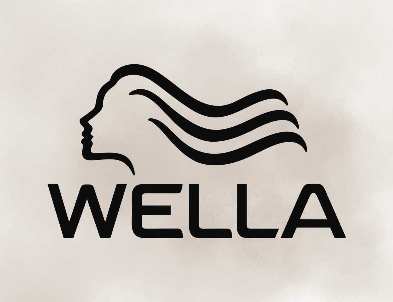 Wella logo featuring a stylized woman's profile with flowing hair.